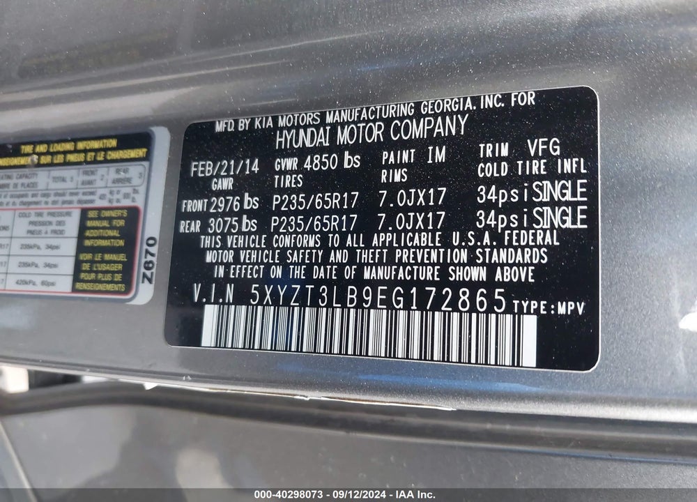 2014 HYUNDAI SANTA FE SPORT 2.4L VIN: 5XYZT3LB9EG172865