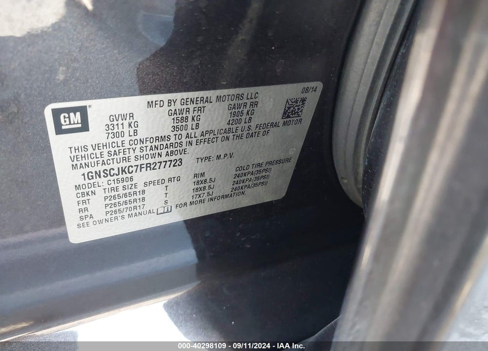 2015 CHEVROLET SUBURBAN 1500 LT VIN: 1GNSCJKC7FR277723