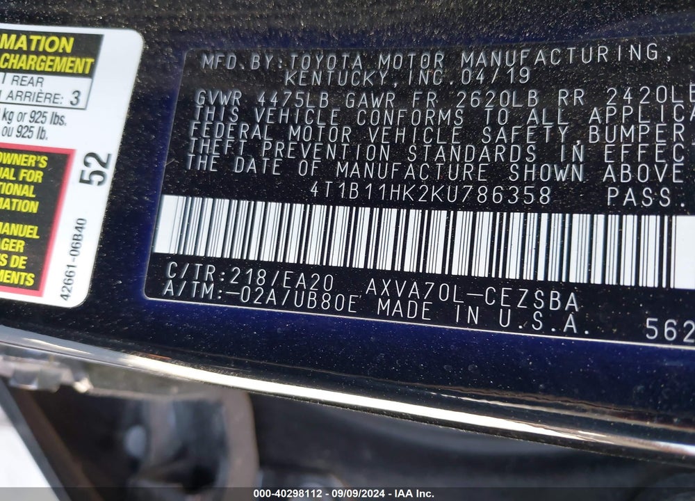 2019 TOYOTA CAMRY SE VIN: 4T1B11HK2KU786358
