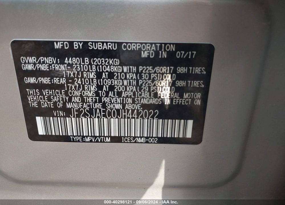 2018 SUBARU FORESTER 2.5I PREMIUM VIN: JF2SJAEC0JH442022