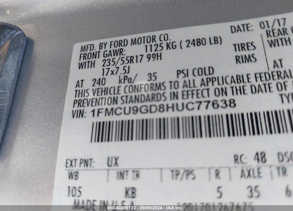 2017 FORD ESCAPE SE VIN: 1FMCU9GD8HUC77638