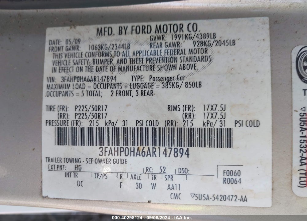 2010 FORD FUSION VIN: 3FAHP0HA6AR147894