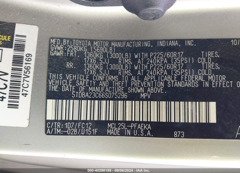 2006 TOYOTA SIENNA VIN: 5TDBA23C66S075296