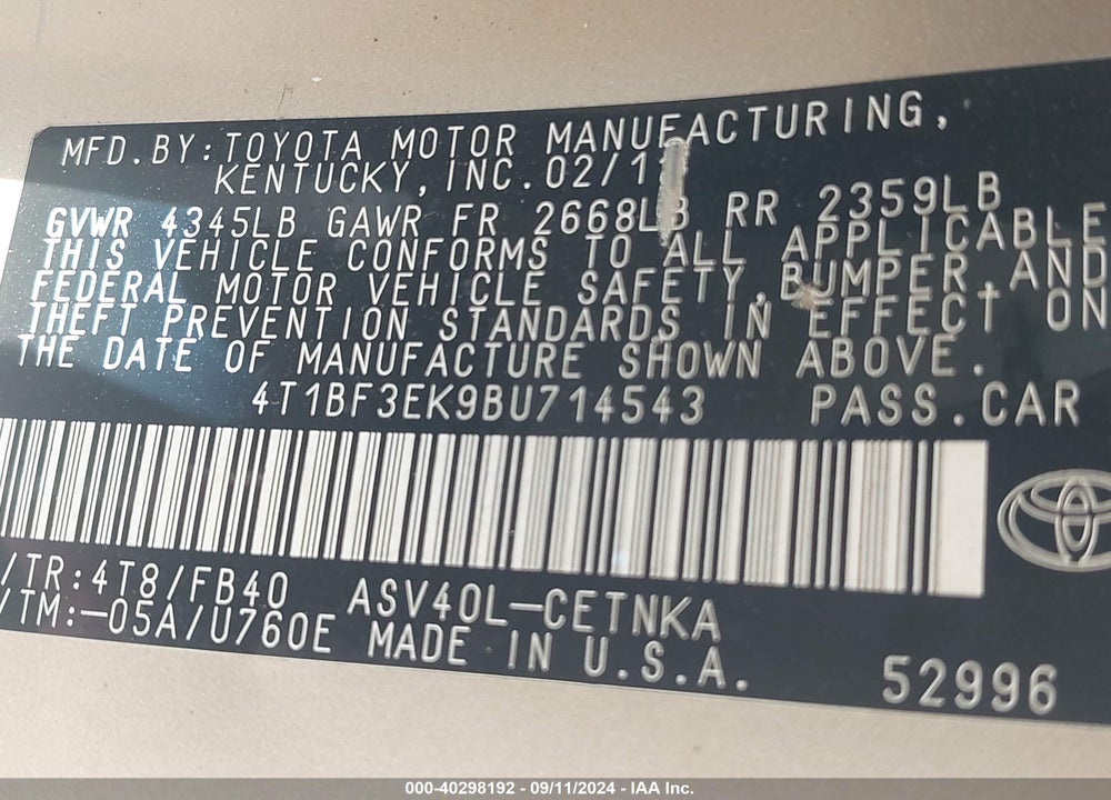 2011 TOYOTA CAMRY LE VIN: 4T1BF3EK9BU714543