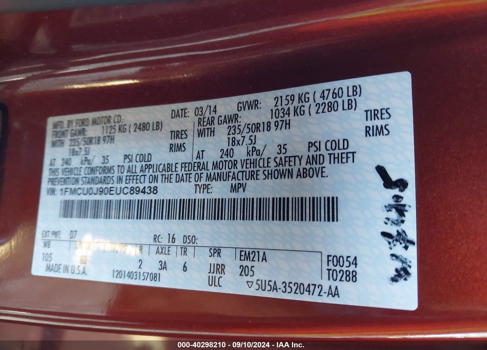 2014 FORD ESCAPE TITANIUM VIN: 1FMCU0J90EUC89438
