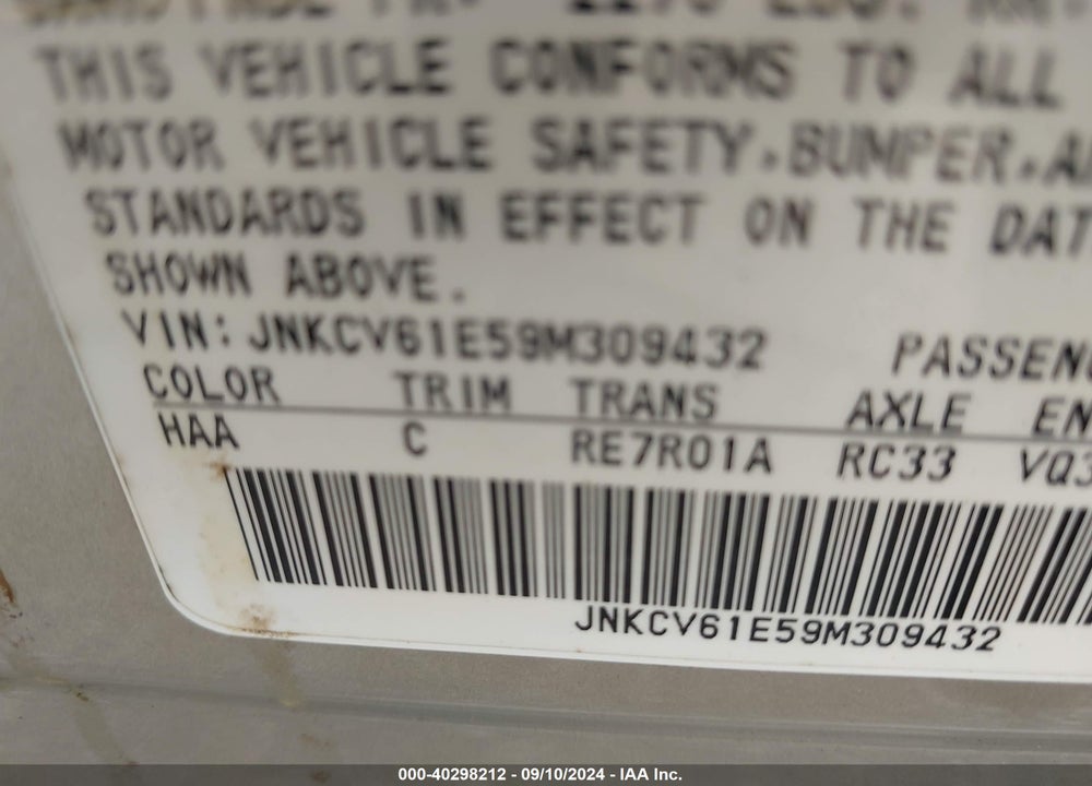 2009 INFINITI G37 JOURNEY VIN: JNKCV61E59M309432