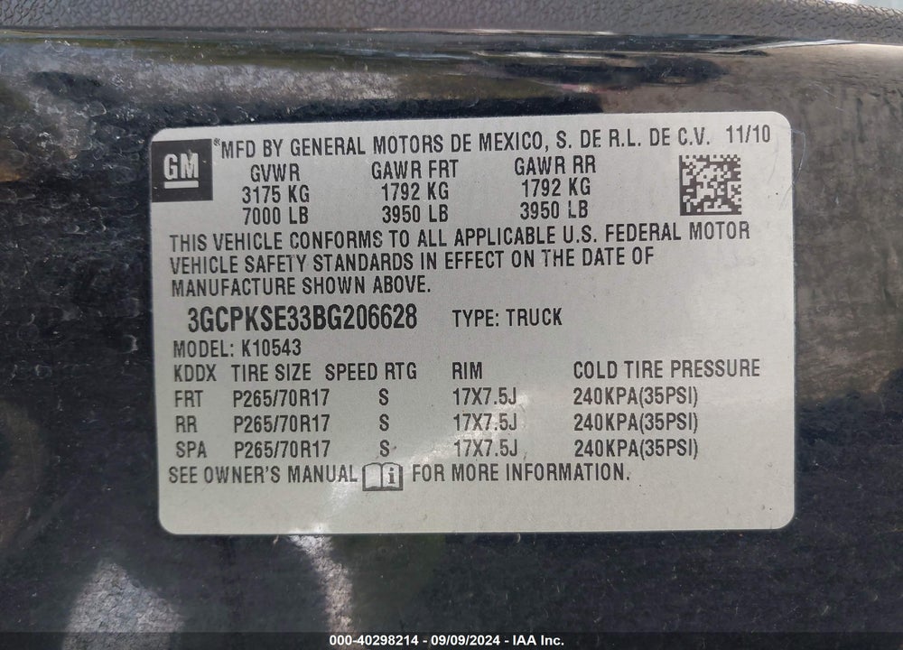 2011 CHEVROLET SILVERADO 1500 LT VIN: 3GCPKSE33BG206628