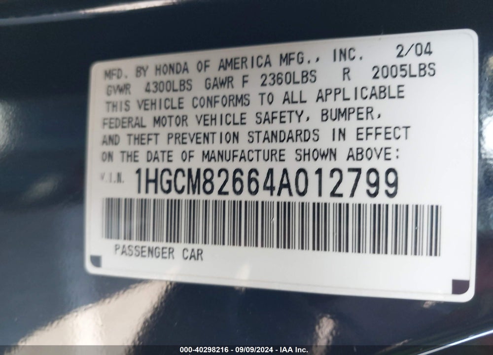 2004 HONDA ACCORD 3.0 EX VIN: 1HGCM82664A012799
