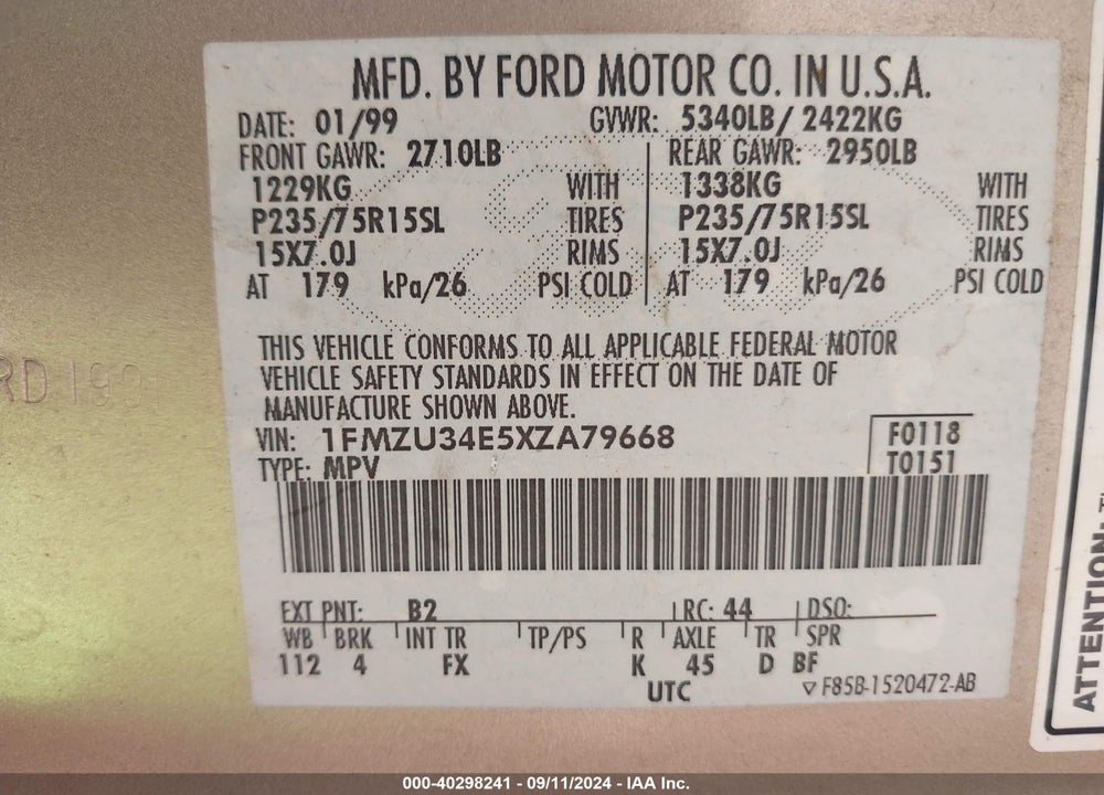 1999 FORD EXPLORER EDDIE BAUER/LIMITED/XLT VIN: 1FMZU34E5XZA79668