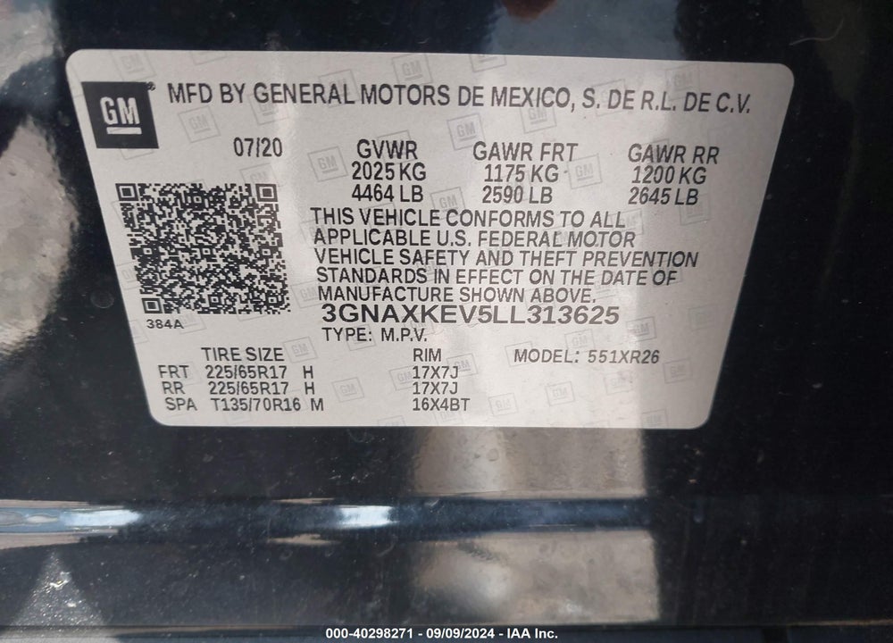 2020 CHEVROLET EQUINOX FWD LT 1.5L TURBO VIN: 3GNAXKEV5LL313625