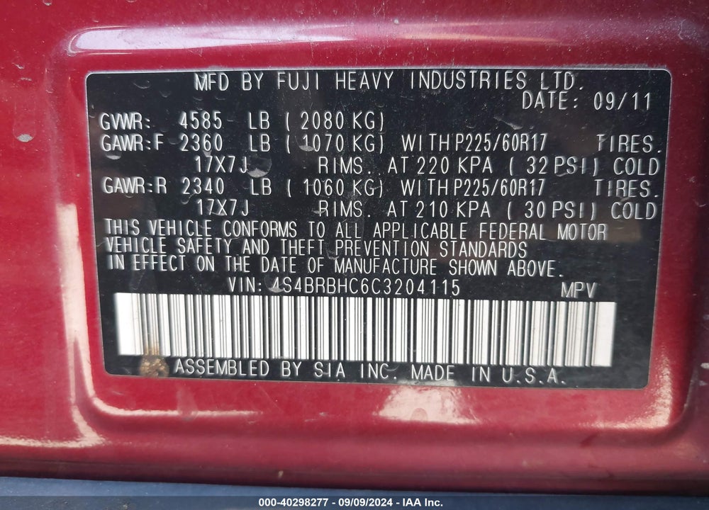 2012 SUBARU OUTBACK 2.5I PREMIUM VIN: 4S4BRBHC6C3204115