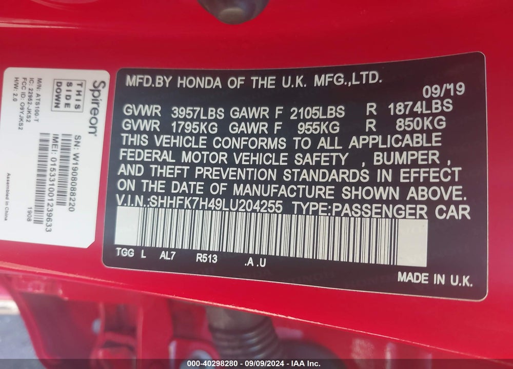2020 HONDA CIVIC SPORT VIN: SHHFK7H49LU204255
