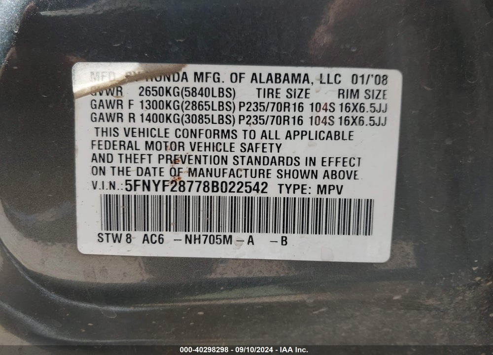 2008 HONDA PILOT VIN: 5FNYF28778B022542
