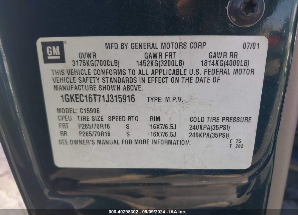 2001 GMC YUKON XL 1500 SLE/SLT VIN: 1GKEC16T71J315916