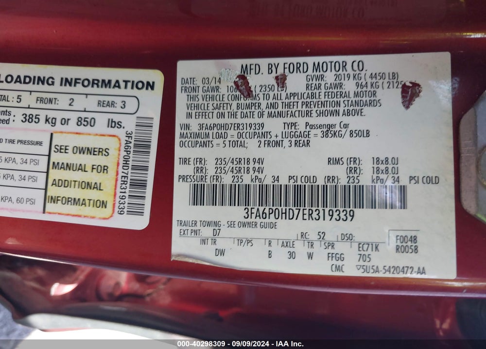 2014 FORD FUSION SE VIN: 3FA6P0HD7ER319339