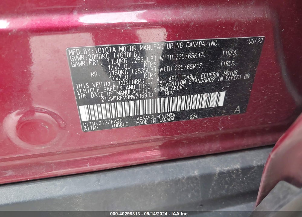 2022 TOYOTA RAV4 XLE VIN: 2T3W1RFV8NW206913