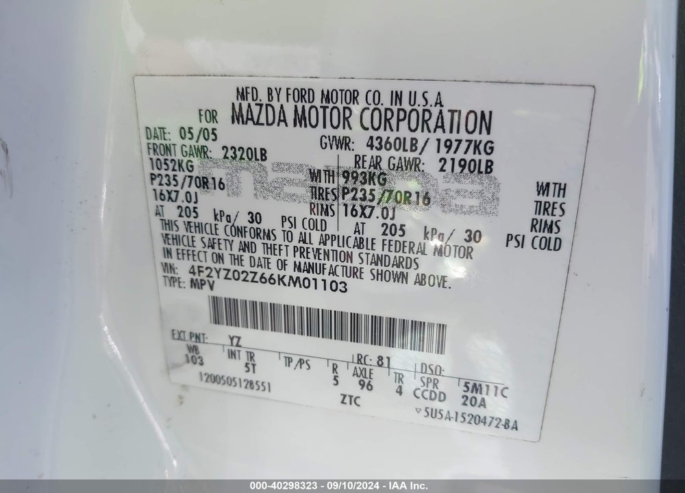 2006 MAZDA TRIBUTE I VIN: 4F2YZ02Z66KM01103