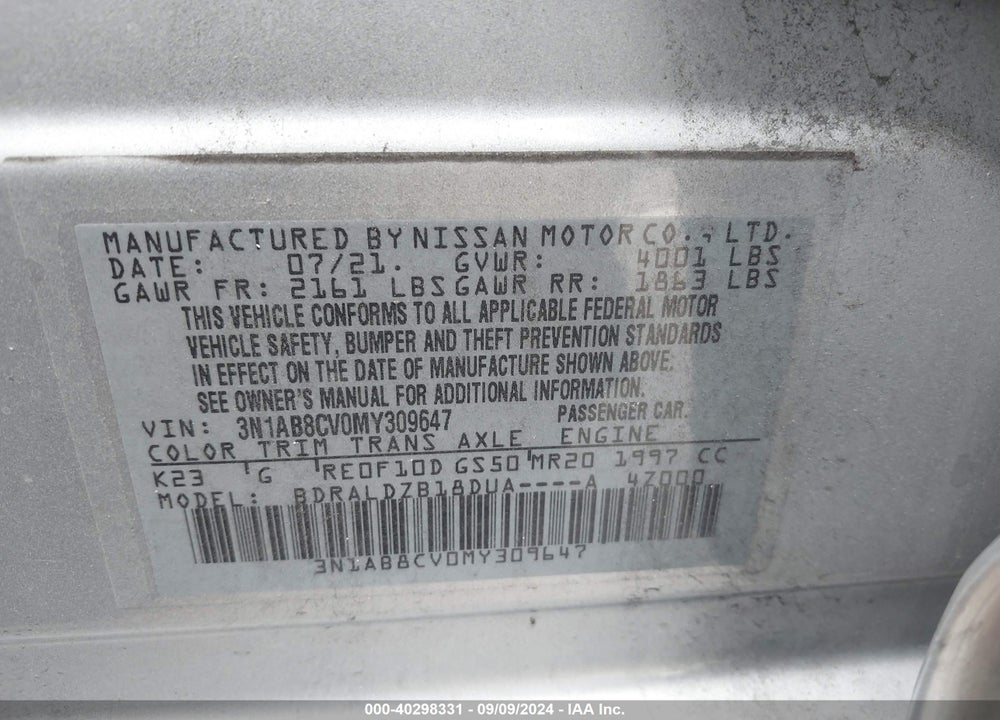 2021 NISSAN SENTRA SV XTRONIC CVT VIN: 3N1AB8CV0MY309647