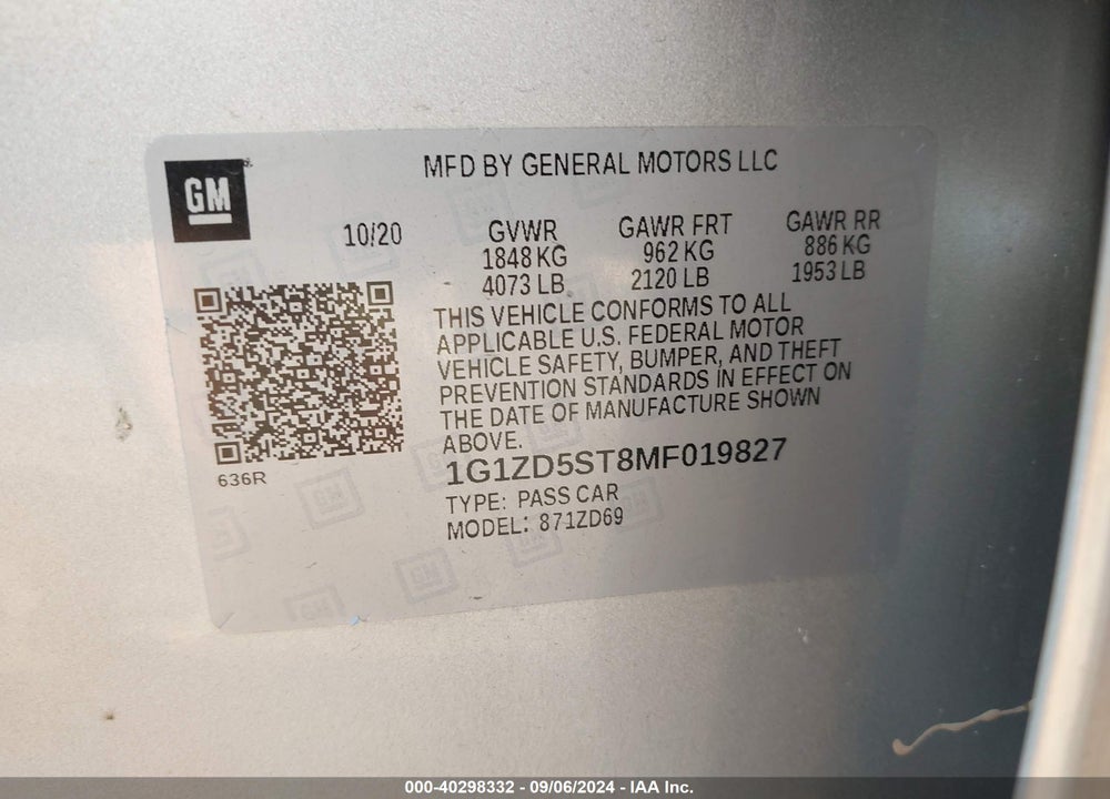 2021 CHEVROLET MALIBU VIN: 1G1ZD5ST8MF019827