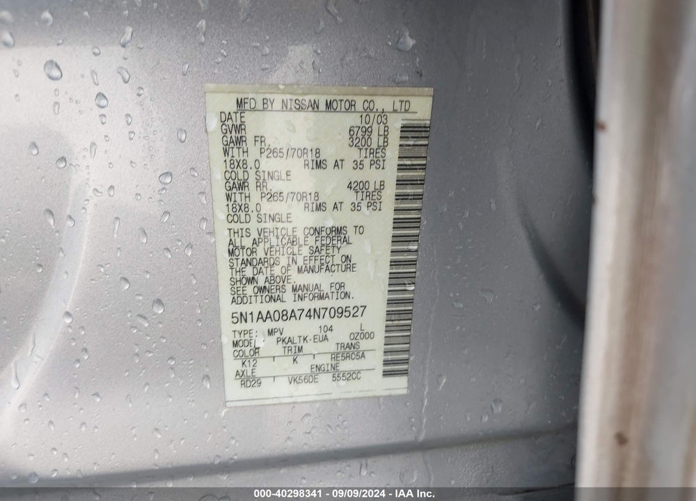 2004 NISSAN PATHFINDER ARMADA SE VIN: 5N1AA08A74N709527