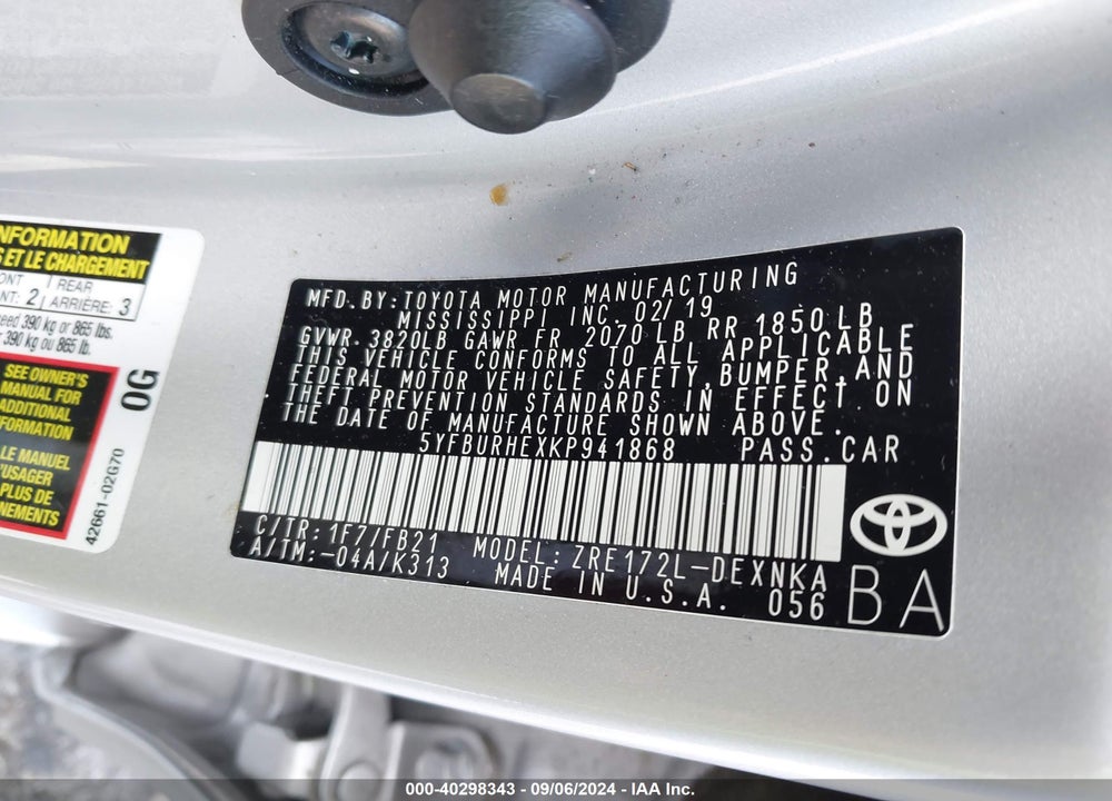 2019 TOYOTA COROLLA VIN: 5YFBURHEXKP941868