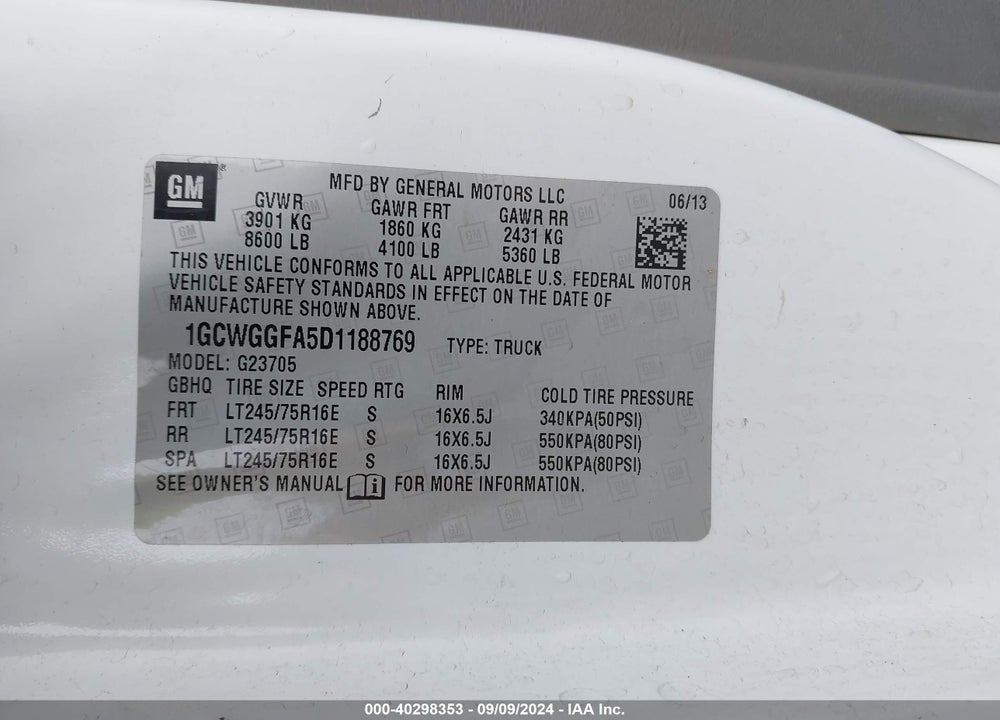 2013 CHEVROLET EXPRESS 2500 WORK VAN VIN: 1GCWGGFA5D1188769