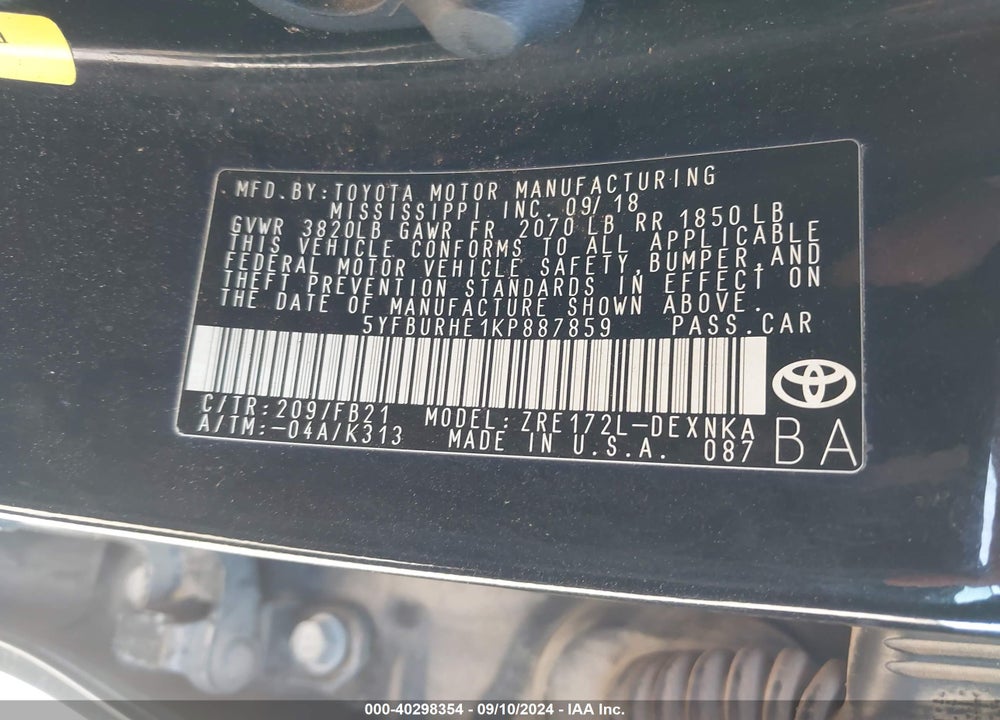 2019 TOYOTA COROLLA LE VIN: 5YFBURHE1KP887859