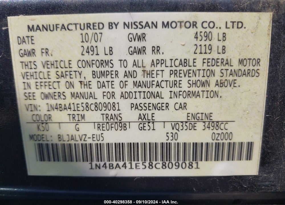 2008 NISSAN MAXIMA 3.5 SE VIN: 1N4BA41E58C809081