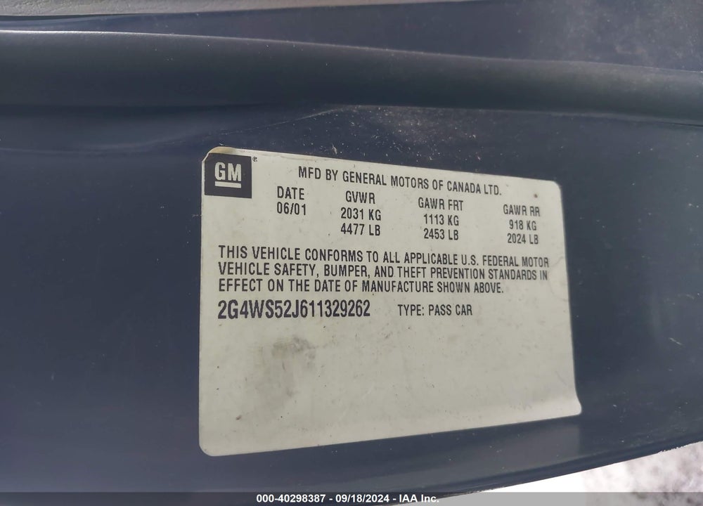 2001 BUICK CENTURY CUSTOM VIN: 2G4WS52J611329262