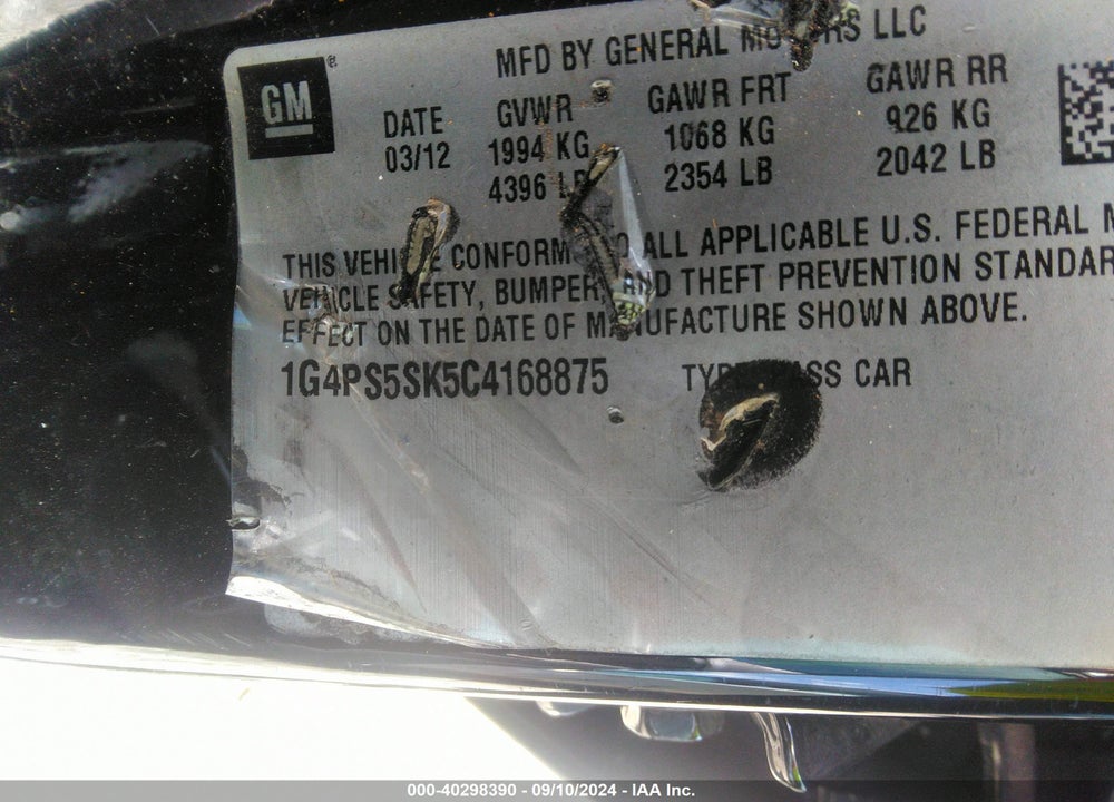 2012 BUICK VERANO LEATHER GROUP VIN: 1G4PS5SK5C4168875