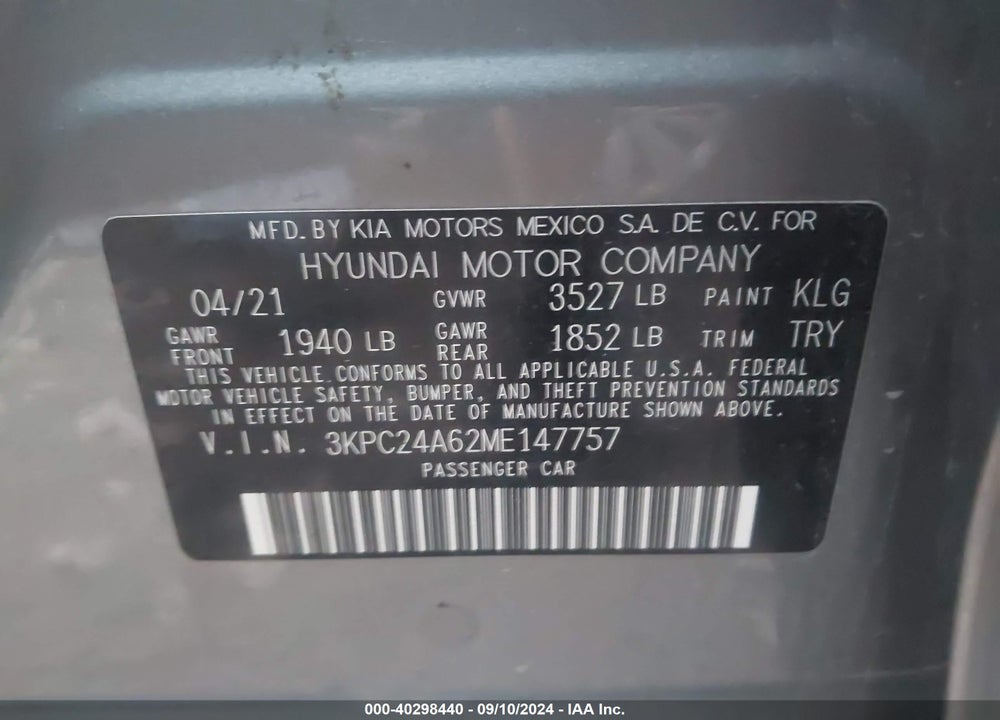 2021 HYUNDAI ACCENT SE VIN: 3KPC24A62ME147757