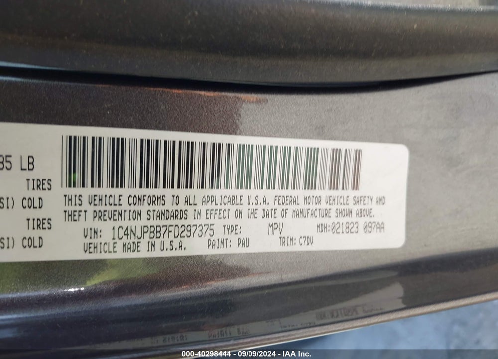 2015 JEEP PATRIOT SPORT VIN: 1C4NJPBB7FD297375