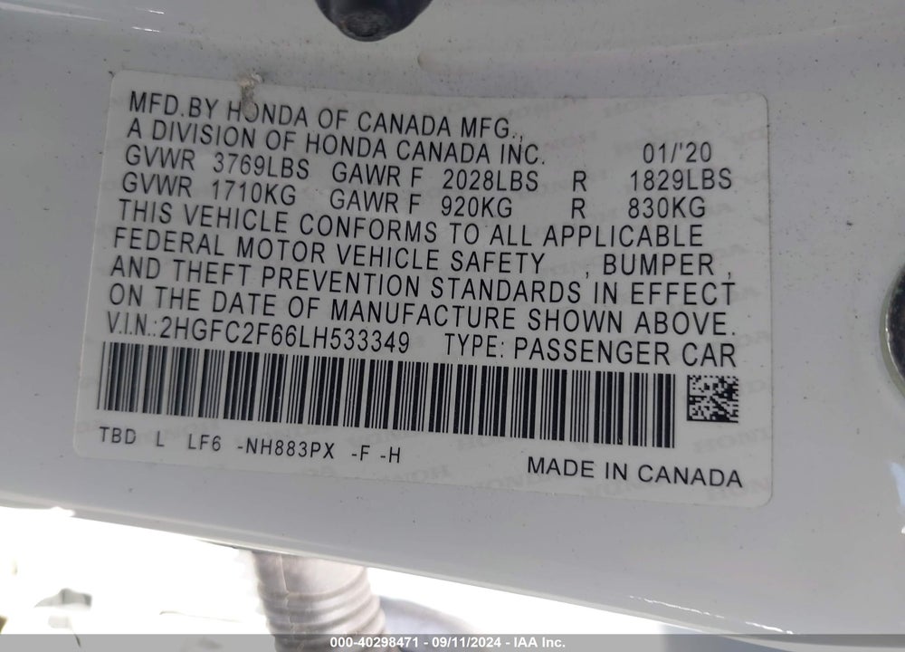 2020 HONDA CIVIC LX VIN: 2HGFC2F66LH533349