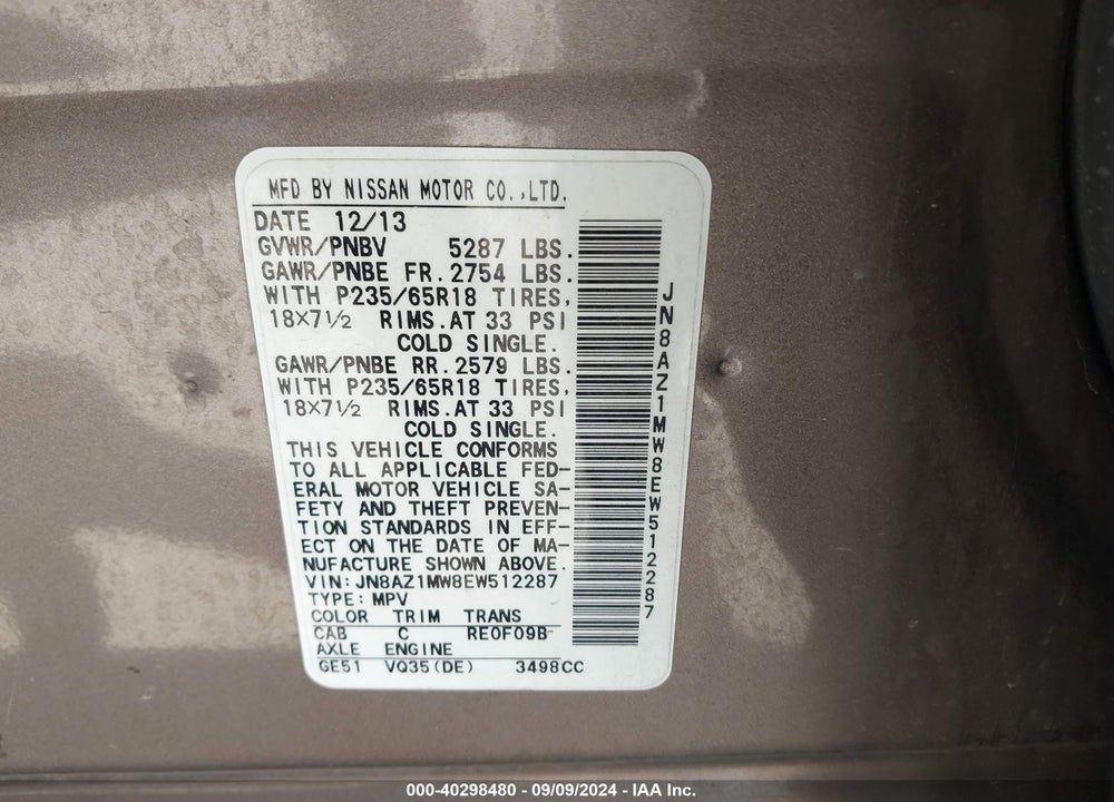 2014 NISSAN MURANO SL VIN: JN8AZ1MW8EW512287