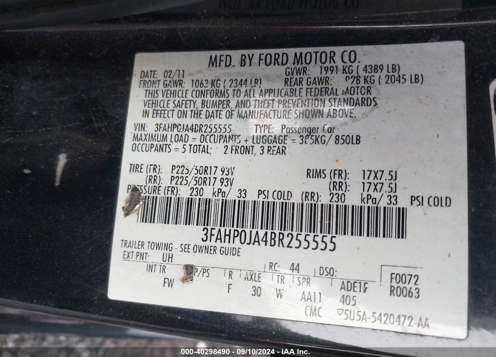 2011 FORD FUSION SEL VIN: 3FAHP0JA4BR255555