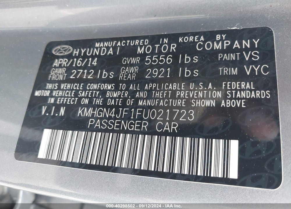 2015 HYUNDAI GENESIS 5.0 VIN: KMHGN4JF1FU021723