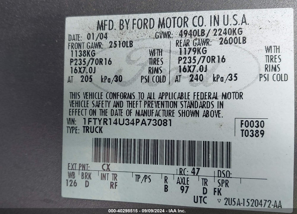 2004 FORD RANGER EDGE/TREMOR/XL/XLT VIN: 1FTYR14U34PA73081