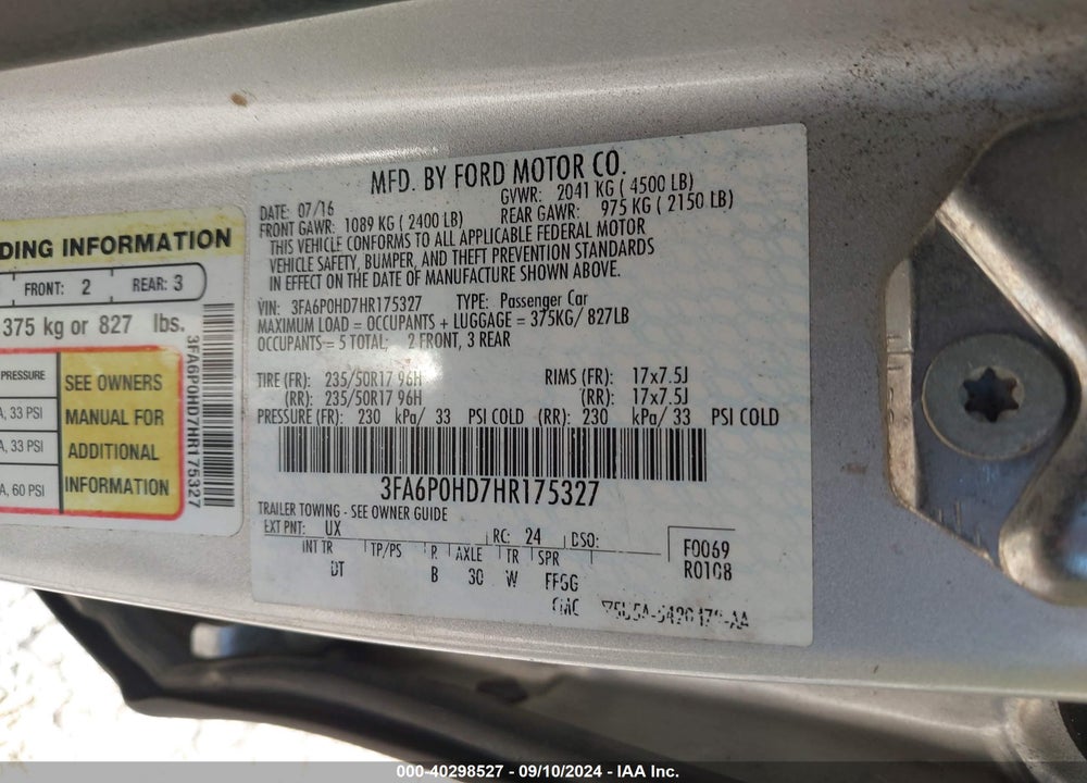 2017 FORD FUSION VIN: 3FA6P0HD7HR175327