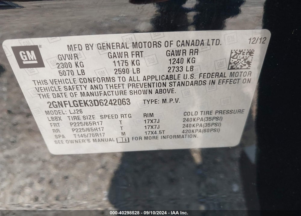 2013 CHEVROLET EQUINOX LTZ VIN: 2GNFLGEK3D6242063