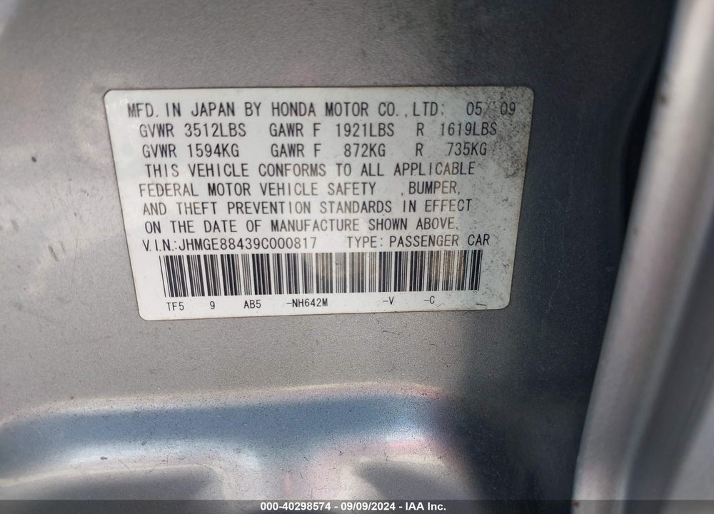 2009 HONDA FIT SPORT VIN: JHMGE88439C000817