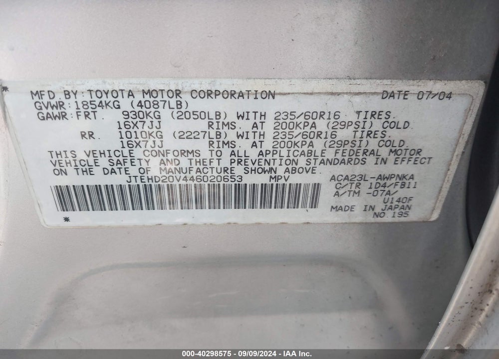 2004 TOYOTA RAV4 VIN: JTEHD20V446020653