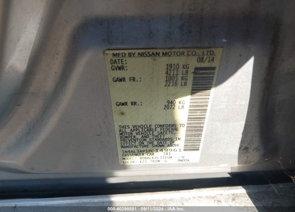 2015 NISSAN ALTIMA 2.5 SV VIN: 1N4AL3AP1FC149961