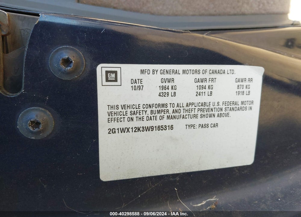 1998 CHEVROLET MONTE CARLO Z34 CMI VIN: 2G1WX12K3W9165316