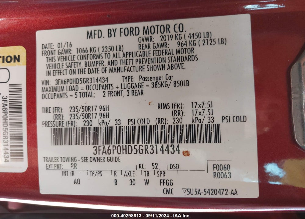 2016 FORD FUSION SE VIN: 3FA6P0HD5GR314434