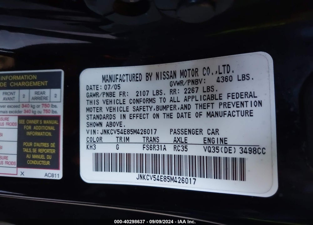 2005 INFINITI G35 VIN: JNKCV54E85M426017