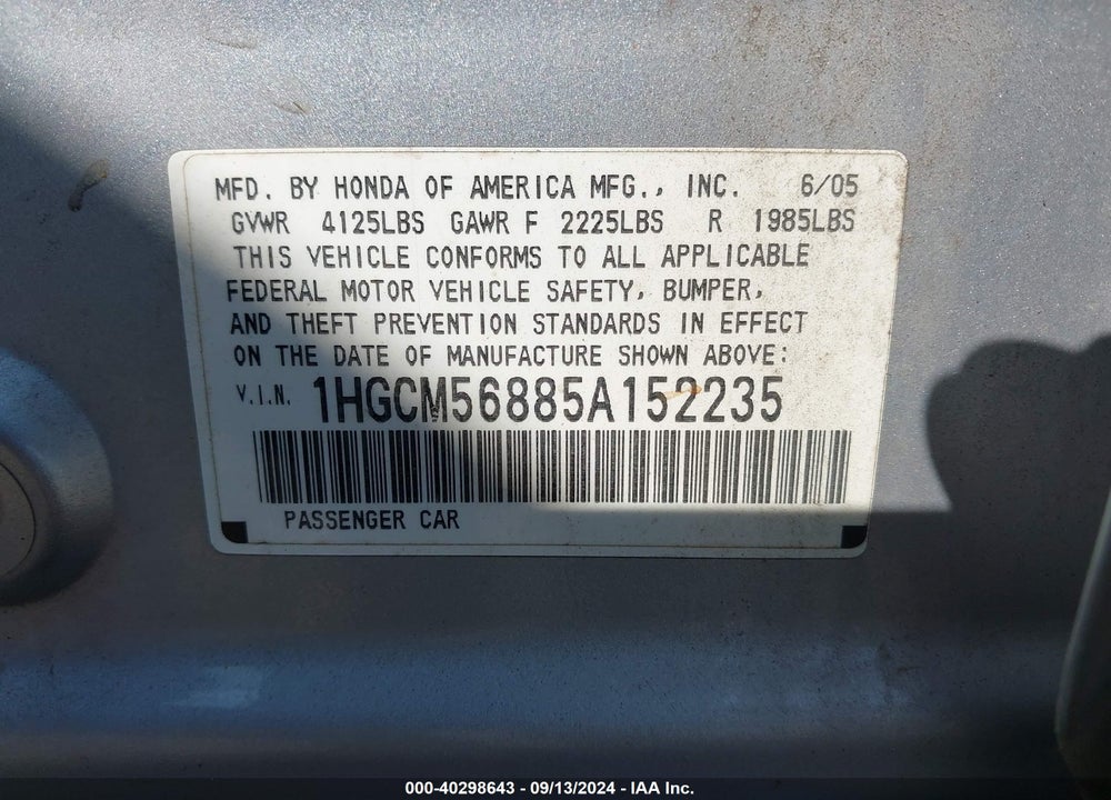 2005 HONDA ACCORD 2.4 EX VIN: 1HGCM56885A152235