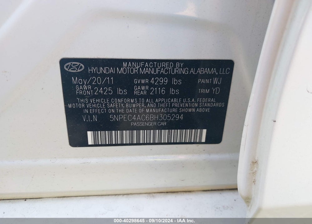 2011 HYUNDAI SONATA LIMITED VIN: 5NPEC4AC6BH305294