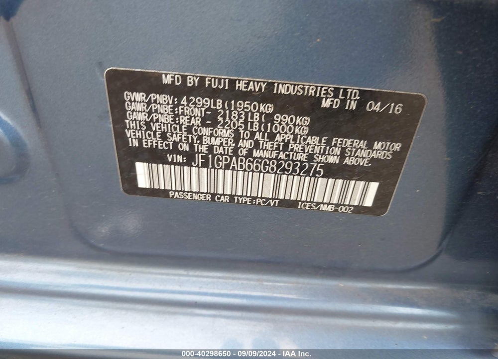 2016 SUBARU IMPREZA 2.0I PREMIUM VIN: JF1GPAB66G8293275