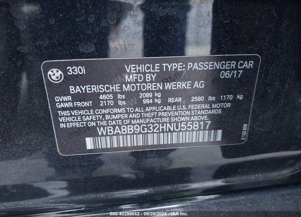 2017 BMW 330I VIN: WBA8B9G32HNU55817