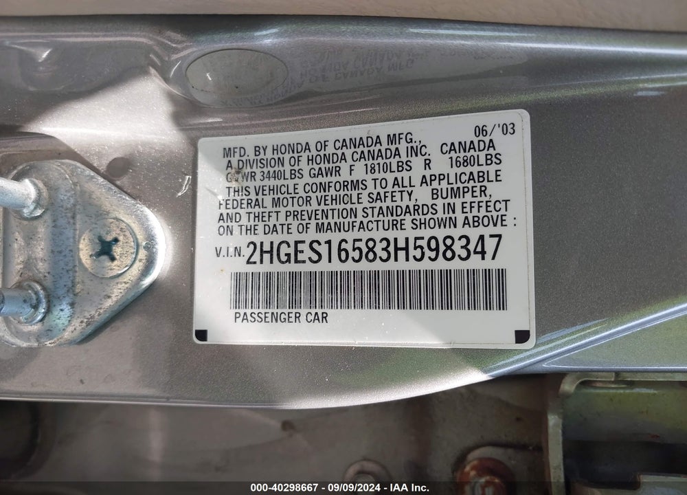 2003 HONDA CIVIC LX VIN: 2HGES16583H598347